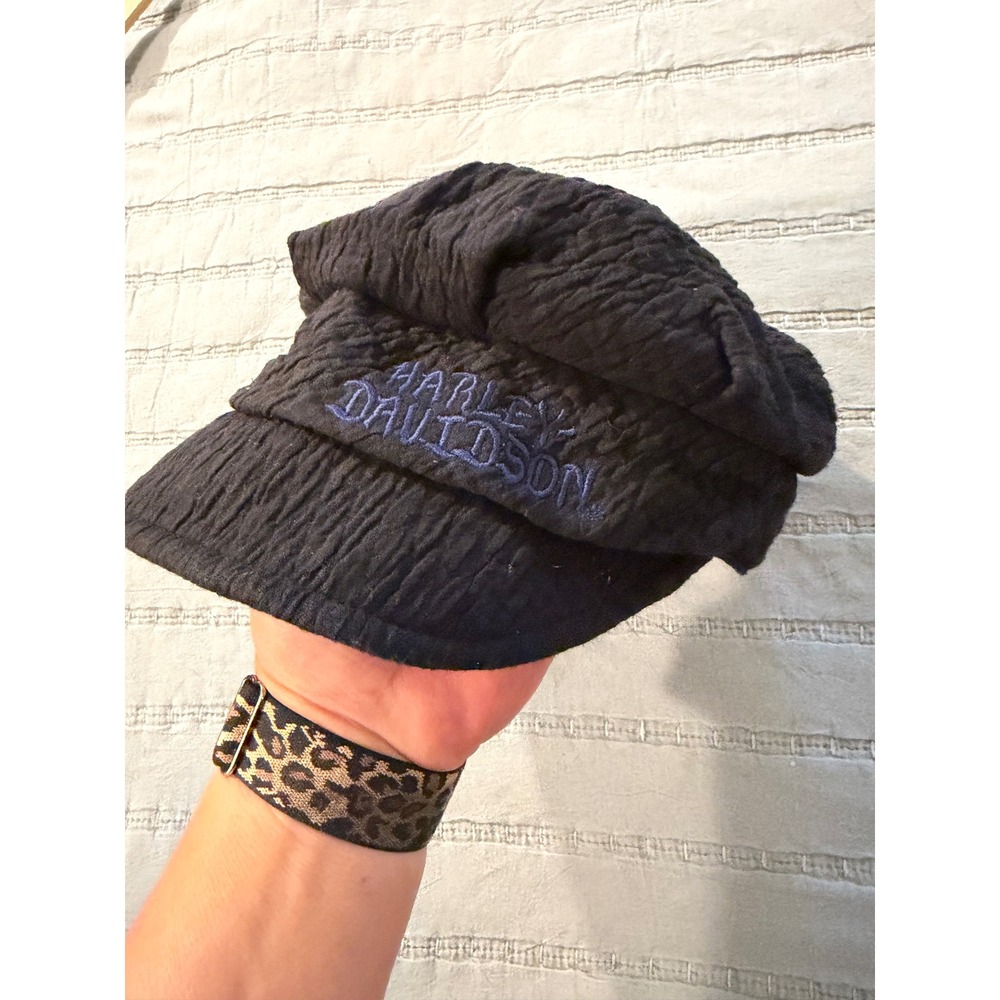 Harley Davidson Black Textured Cotton Newsboy Cap Hat Blue Embroidery Small